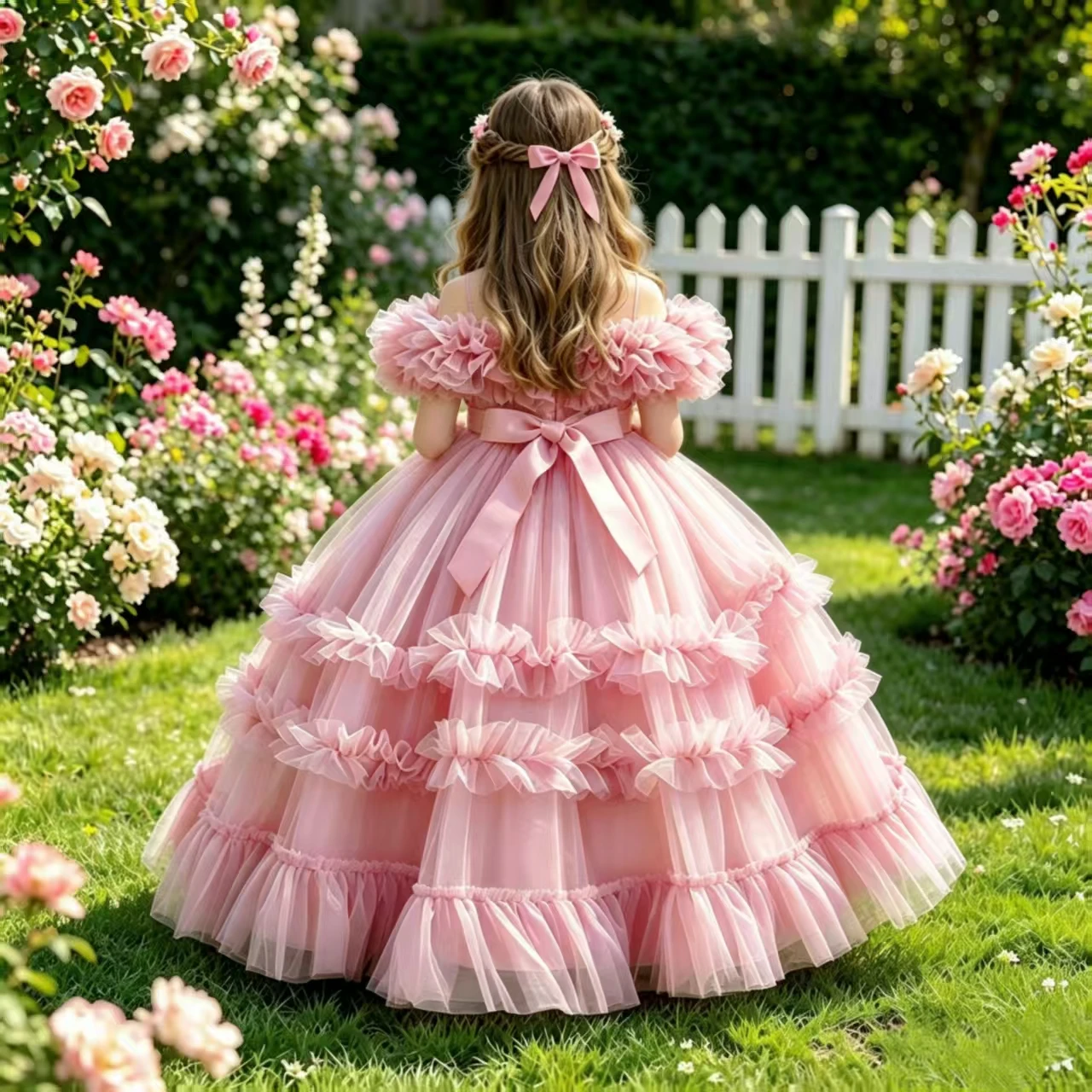 2024 New 4-12 Year Old Robe Princess Dress Flower Girl Wedding Dress Fashionable Party Dress Lace Mesh Elegant Girls\' Clothing