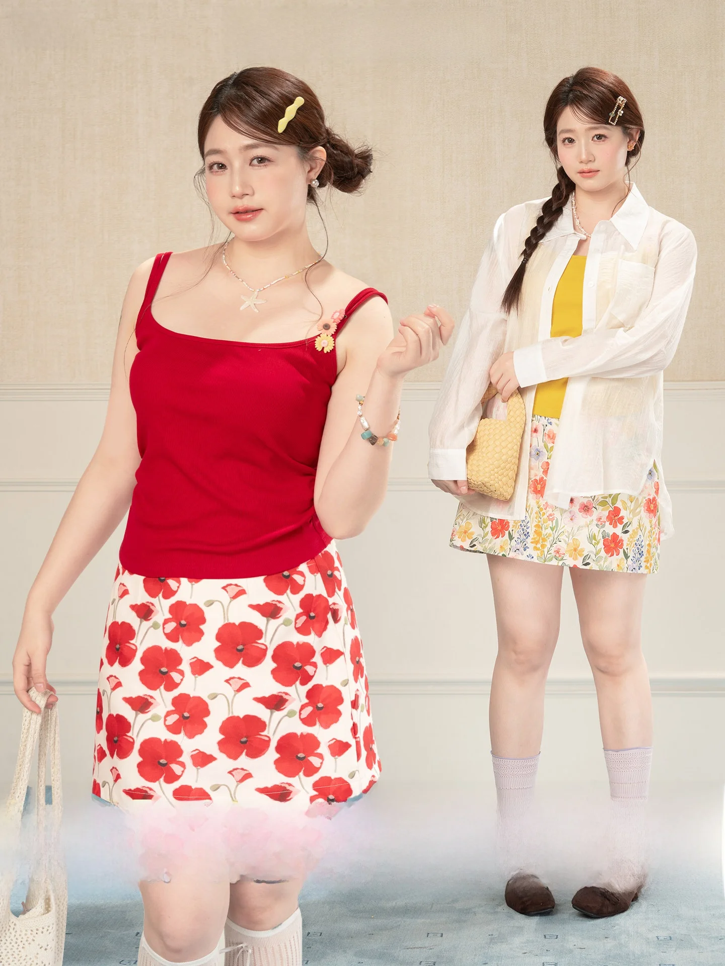 

Heynew Spring Encounter Floral Halter Midi Skirt Set plus Size Women's Dopaamine Top with Chest Pad Commute Korean Style