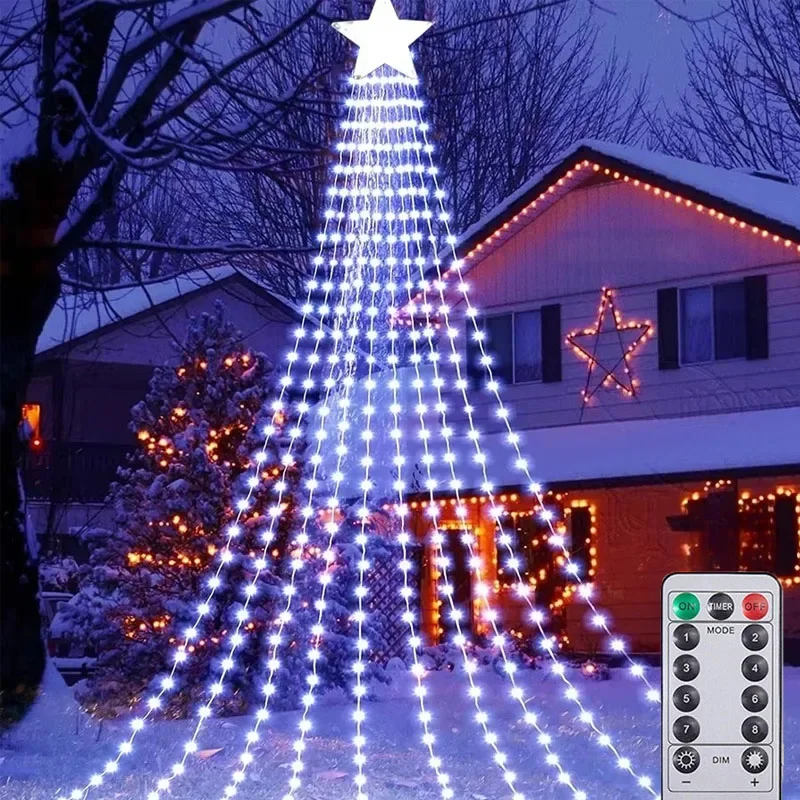 9X2M 198LED Outdoor Christmas Waterfall Star String Light Hanging Tree Topper Fairy for Garden Yard Party Decor USB Powered Glow