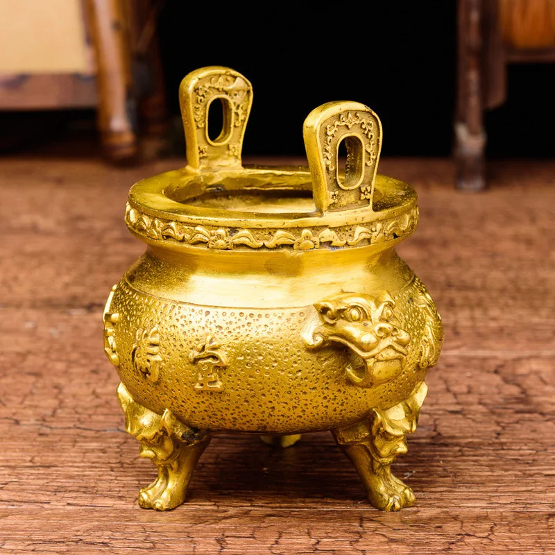 Exquisitely crafted brass , three-legged incense burner worship, small size for home use, brings wealth