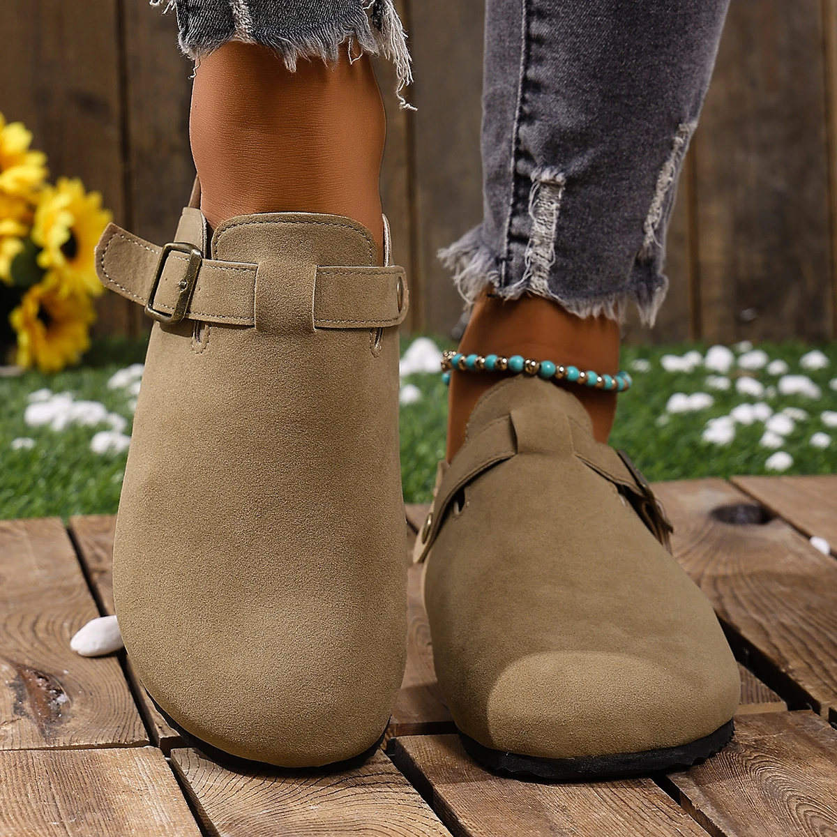 Korkfußbett-Clogs für Damen und Herren, modische Leder-Mules, bequeme Potato-Schuhe mit Fußgewölbestütze, flache Slides für drinnen und draußen – Detail 5