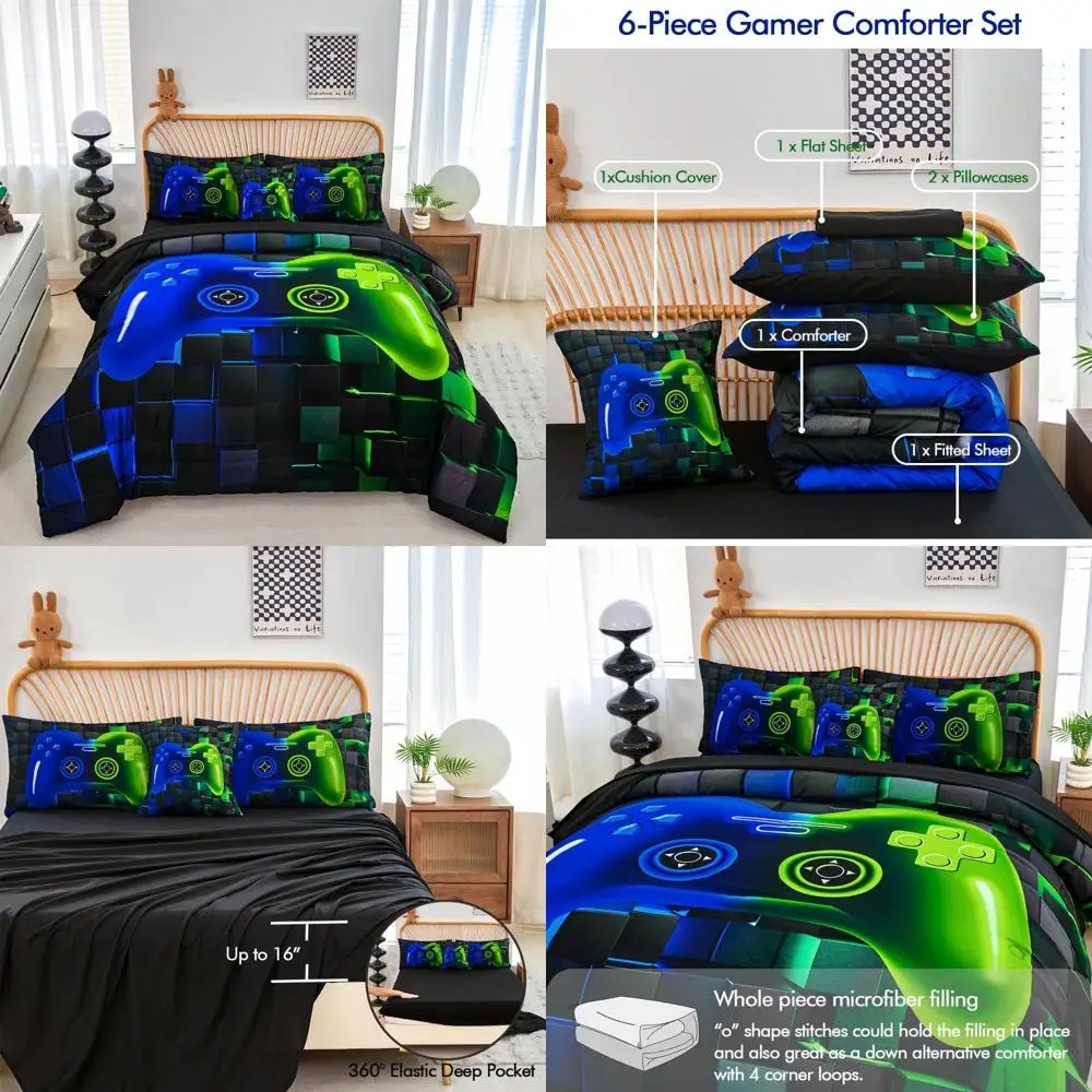 PERFEMET 6-Piece Game Full Size Bed in a Bag for Boys Blue and Green Video Gamer Bedding Set with Sheets Soft Fluffy 3D Printed