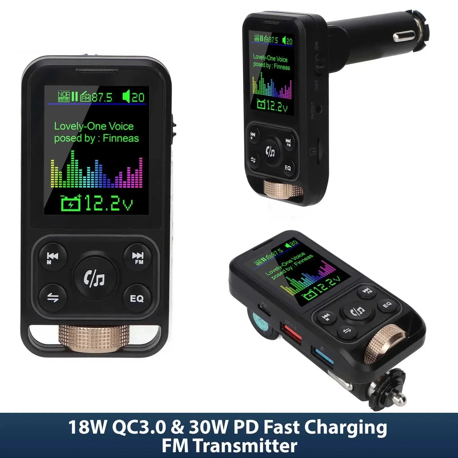 

FM Transmitter Bluetooth Car Adapter Handsfree Call 18W QC3.0 30W PD Fast Charging Port USB Drive TF Card AUX Input Mp3 Player