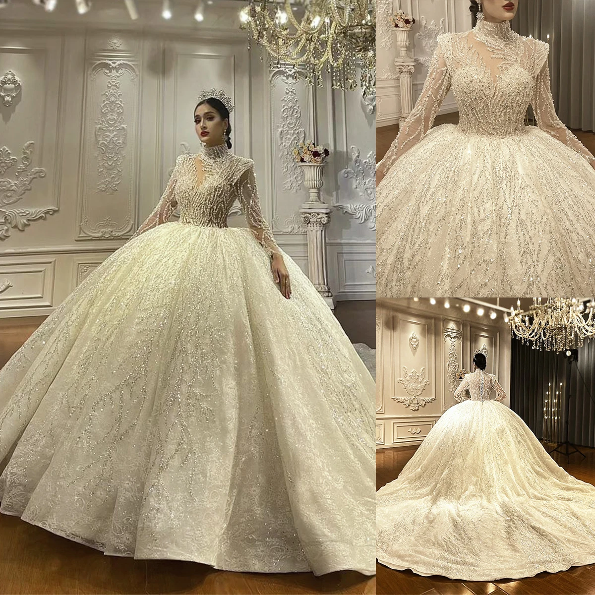 Gorgeous Ball Gown Wedding Dresses Beads Appliques Lace High Collar Long Sleeves Lace-Up Back Custom Made Bride Robe De Mariee