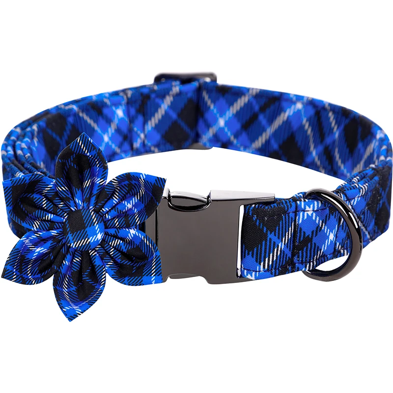 Unique Style Paws Custom Christmas Dog Collar with Bow Blue Plaid Pet Collar Flower Dog Collar Large Medium Small Dog