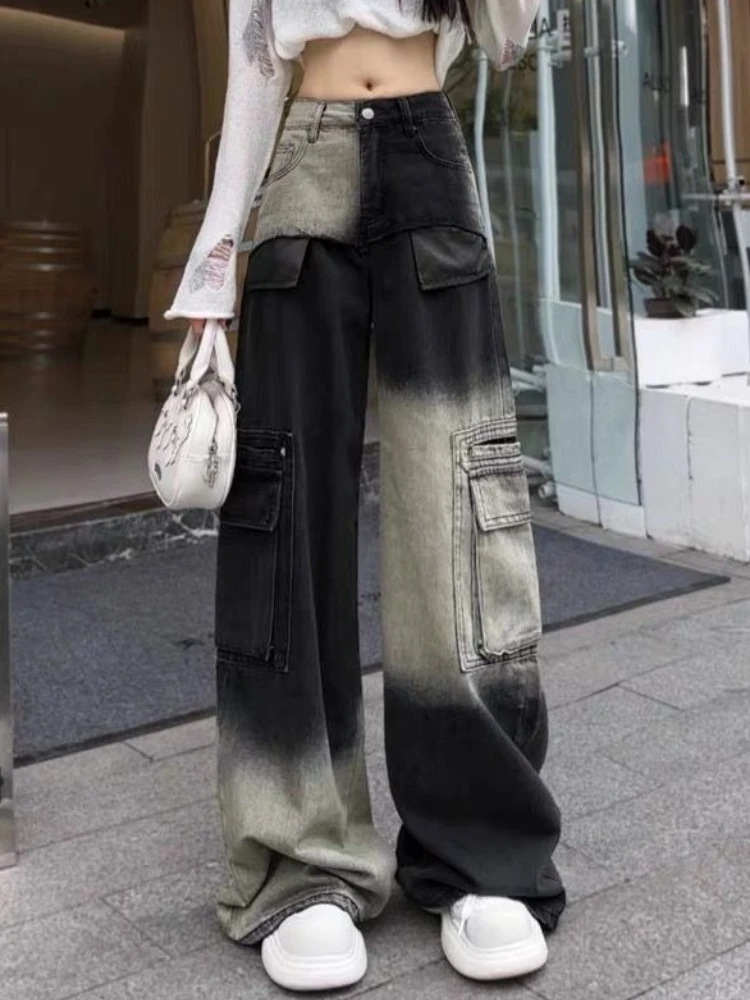 

Y2k Harajuku Vintage Jeans Contrast Color Patchwork Pockets High Waist Wide Leg Pants American Streetwear Loose Women's Clothing