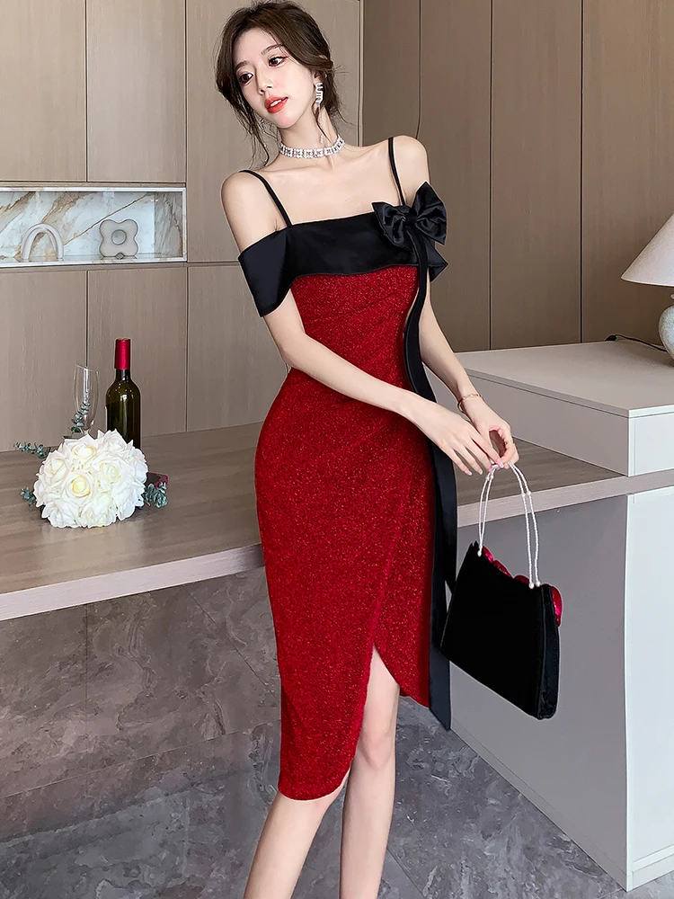 Red Patchwork Black Bow Chic Gala Dresses donna Summer Elegant Bodycon Sling abito Sexy 2024 abiti da sera per feste di lusso coreani