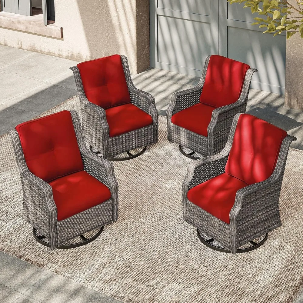 

Swivel Patio Chair Outdoors - 360 Degree, Set of 4, Glider Chair with 3.5" Olefin Fabric Cushions (Mixed Grey Rattan/Red)