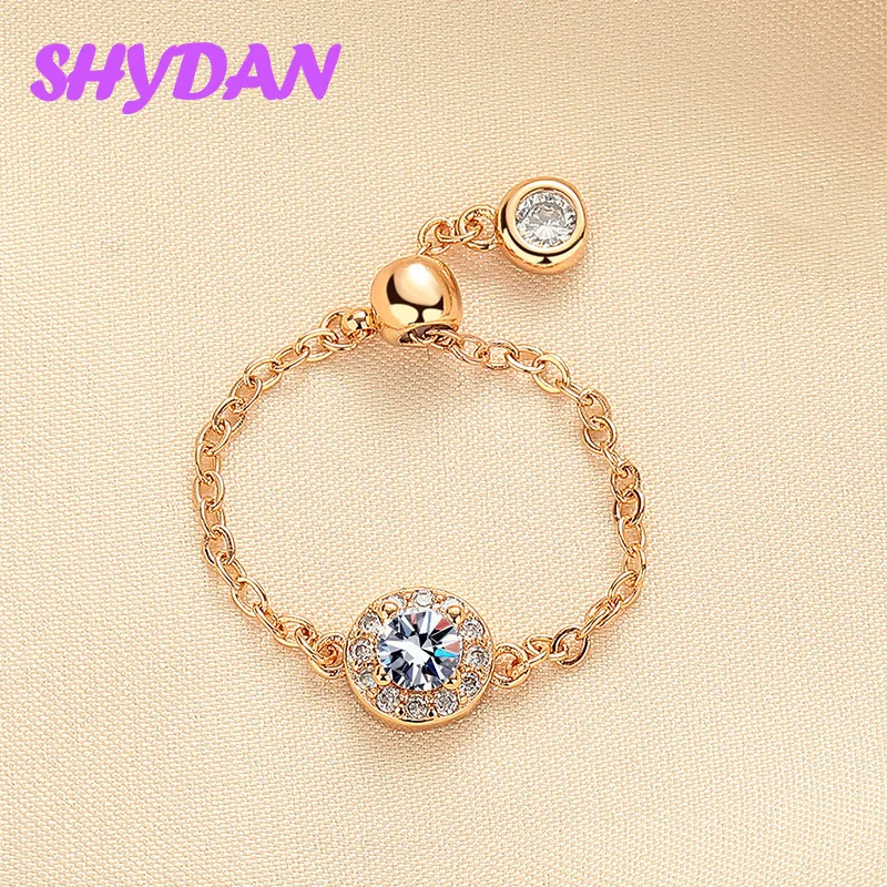 SHYDAN 925 Sterling Silver Simple Round Zircon Chain Adjustable Ring For Women Fashion Jewelry