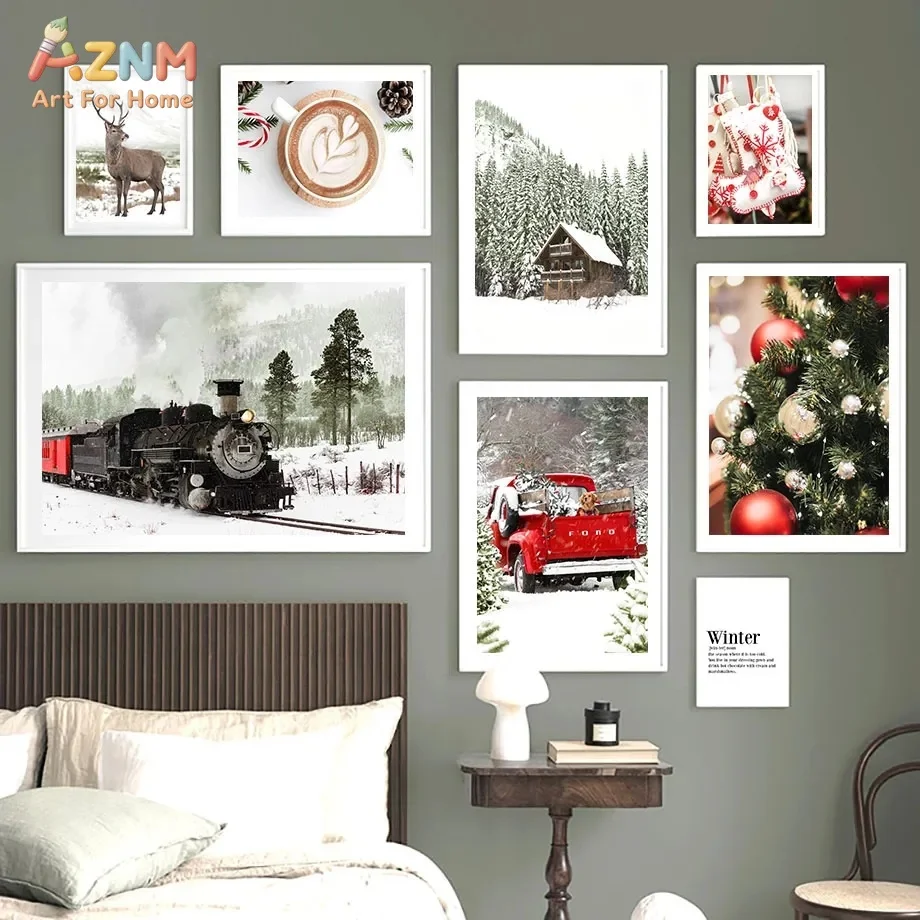 AZNM Luxury Christmas Tree Canvas Wall Art Red Silver Bauble Pine Branch Bokeh Light Photography Print Unframed Canvas Xmas Livi
