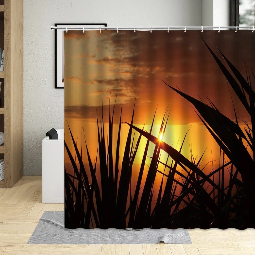 Summer Day Seaside Sunset Landscape Shower Curtain Coconut Tree Sunlight Bird Bathroom Home Decorative Cloth Machine Washable