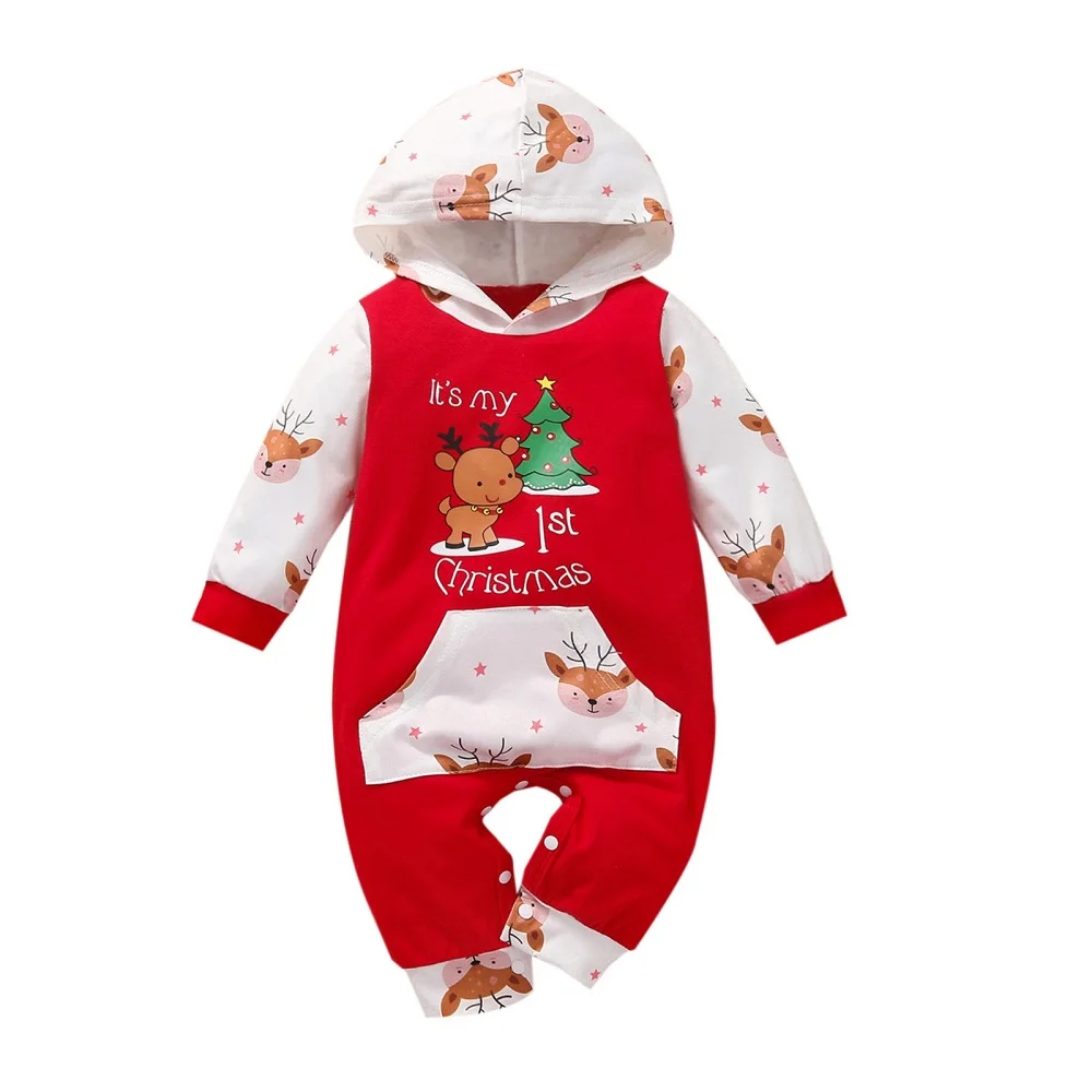 2025 Christmas Newborn Baby Rompers  Long-Sleeve Hoodies Deer Letter Print My 1ST Christmas Infant Babe Girl Boy JumpsuitOutfits