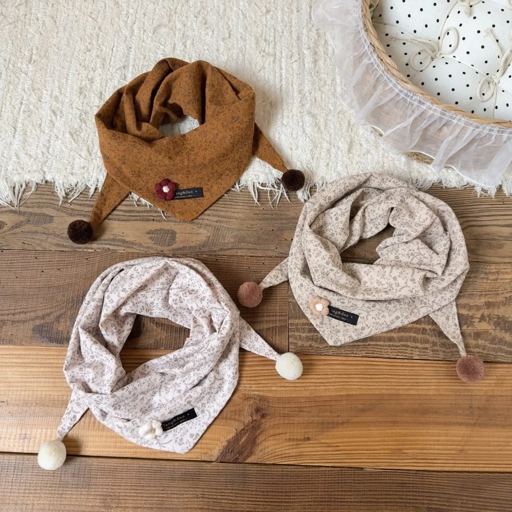 Adorable 3D Floral Kid Triangle Scarf Soft Skin-Friendly Double Pom Pom Neck Warmer Cozy Windproof Neckscarf Autumn