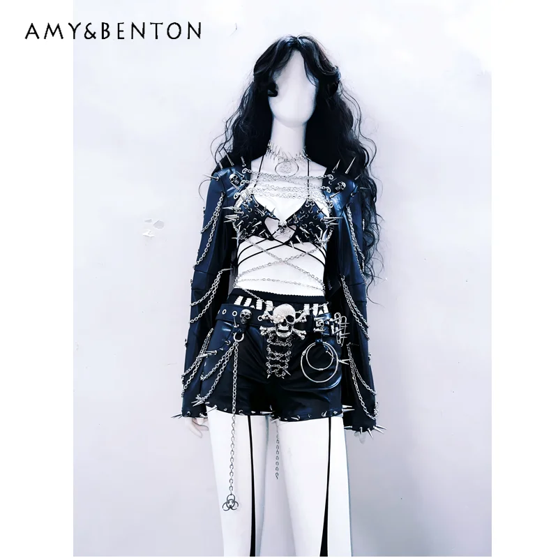 

Original Punk Style Rock Stage Performance Outfit Women Clothing Gothic Dark Rivet Sweet Cool Sexy Hot Girl Shorts Sets Ladies