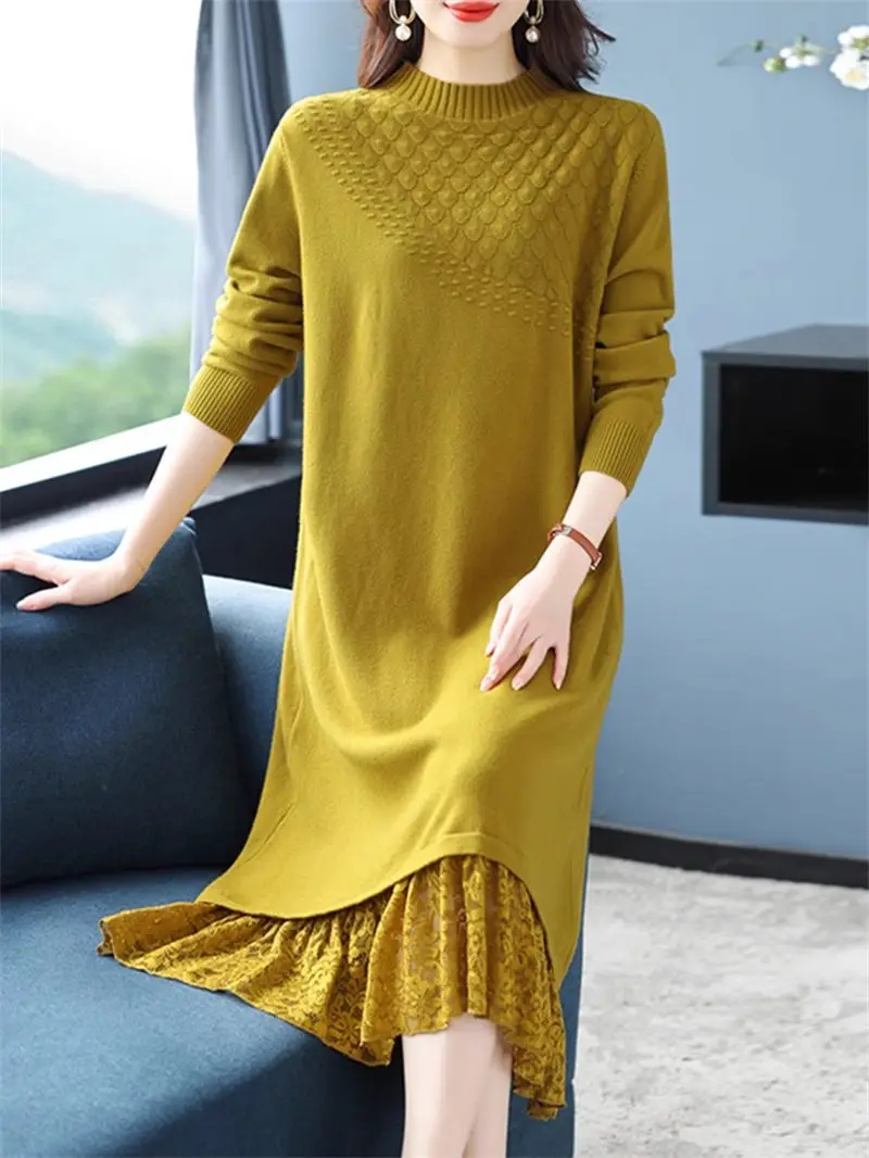 

Autumn And Winter Sweater Dresses Women's Mid Length Lace Spliced Knitwear Loose Underlay Dress Fashion Base Clothes Z4213