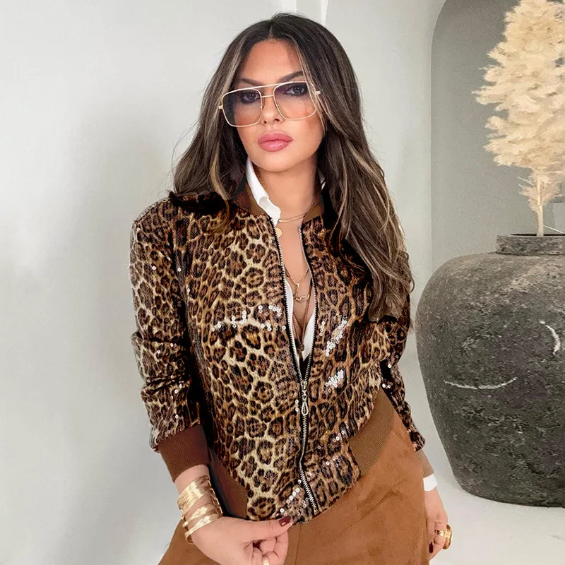 

Leopard Print Sequins Jacket Women Fashion Long Sleeve Zip-up Casual Coats Y2K Streetwear Cardigan Outwear Night Clubwear