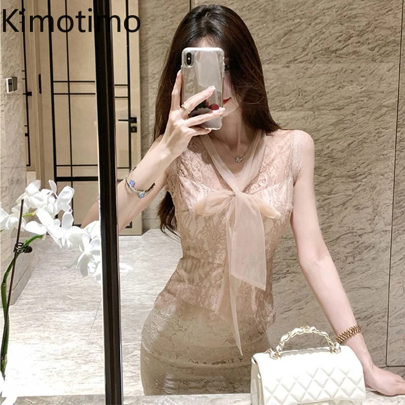 

Новая блузка Kimotimo 2026 с кружевом и бантом, женская сексуальная укороченная блузка без рукавов, облегающая, в стиле Y2K, корейская, универсальная, для вечеринок