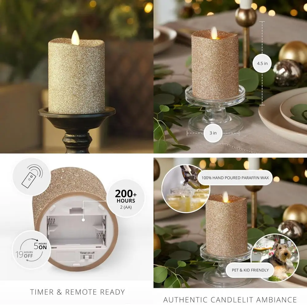 

Светодиодная свеча-столбик с эффектом движущегося пламени на батарейках, золотистый глиттер, 3x4,5 дюйма, с пультом ДУ, для использования в помещении/на улице, с функцией таймера