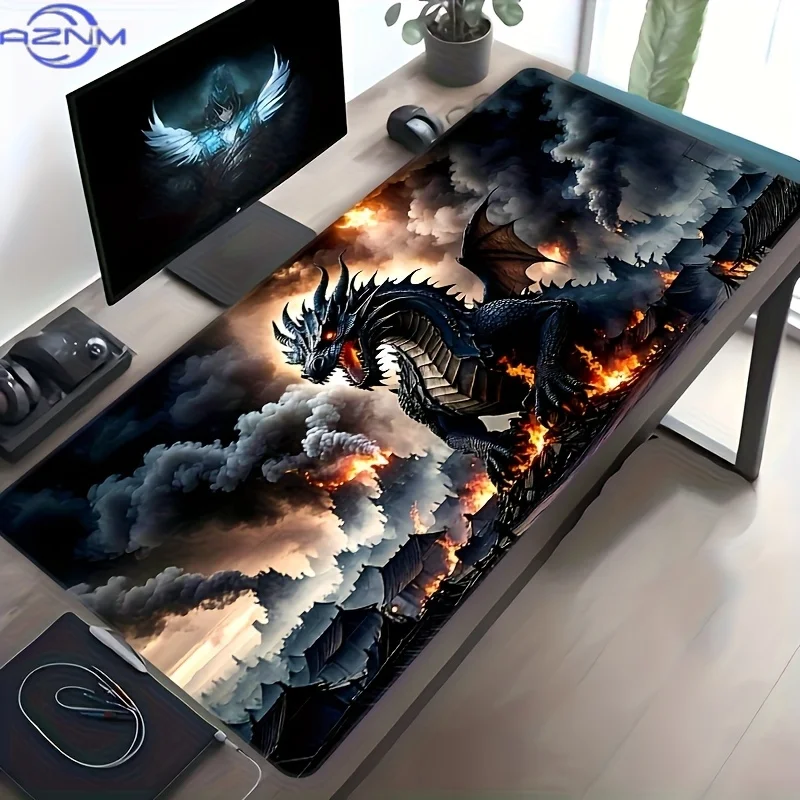 Fantasy Black Dragon Large Desk Mat, Anti-slip Rubber Mousepad for E-sport Gaming Room PC Keyboard Workstation Desktop Decor