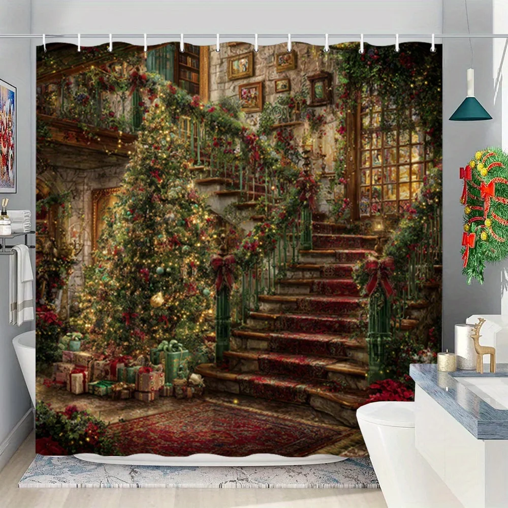 Enchanted Christmas Library Staircase Shower Curtain Holiday Festive Xmas Decor Bathroom Backdrop
