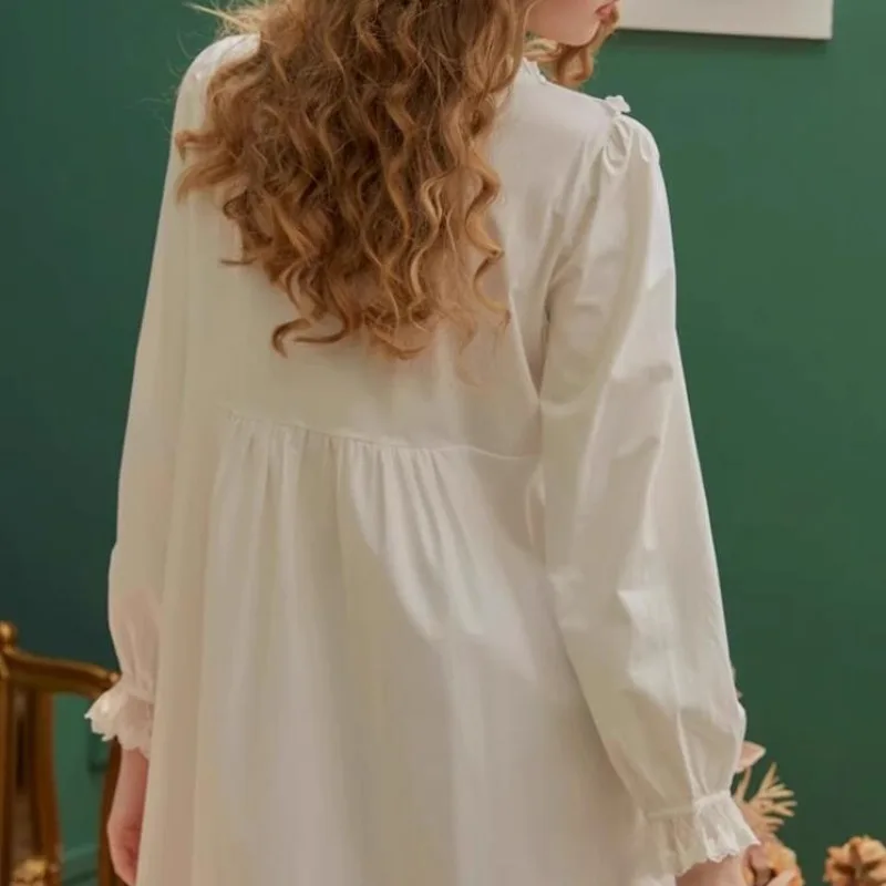 Nightgowns Women Lace Long Sleeve Princess Pleated Solid Ruffles Simple Sleepshirts Outwear Sleepwear Lady Stylish Vintage Cozy