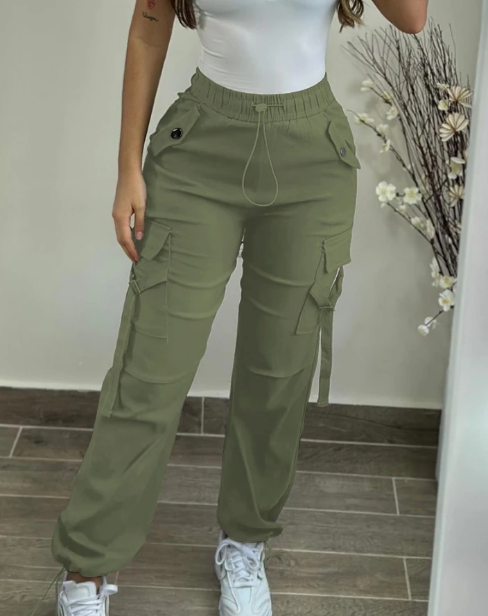 

Women's Fashion Workwear Trousers 2024 Summer Autumn Latest Casual Pocket Design Drawstring Cuffed Pants Cuffed Daily Long Pants