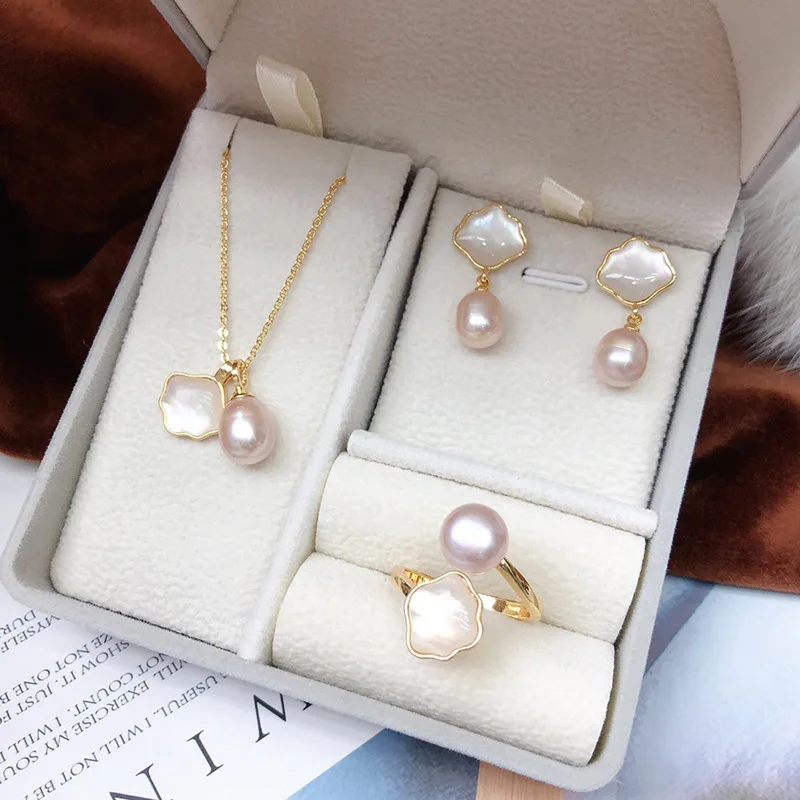 Three-piece Pearl Necklace Earrings Ring Designer Fashion 7-8mm Pearl Suit For Girlfriend And Mother Gift 51