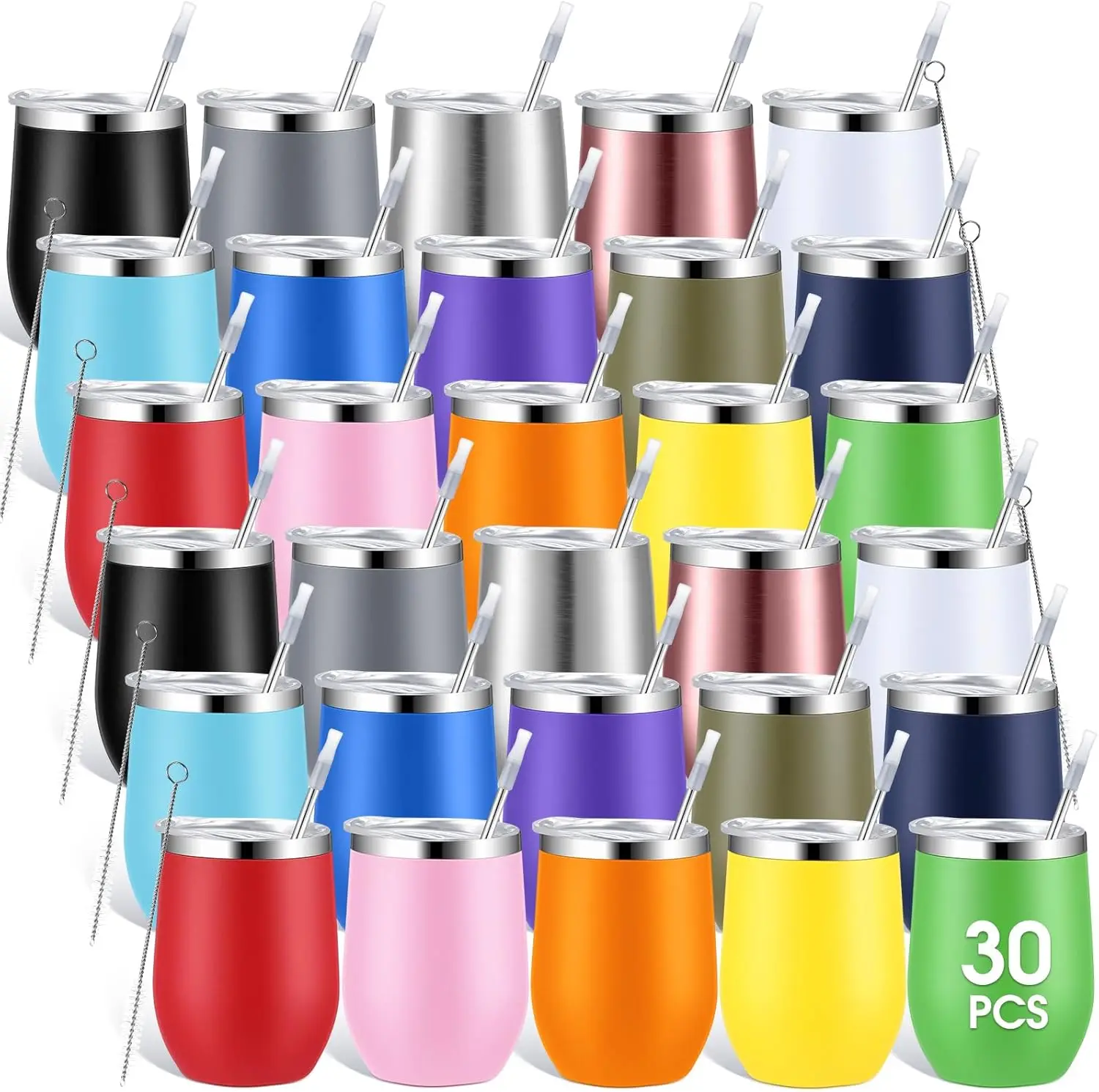 30 Pack 12 oz Stainless Steel Wine Tumblers Double Wall Insulated with Lids Straws Travel Mugs for Wedding Birthday Gifts Multi