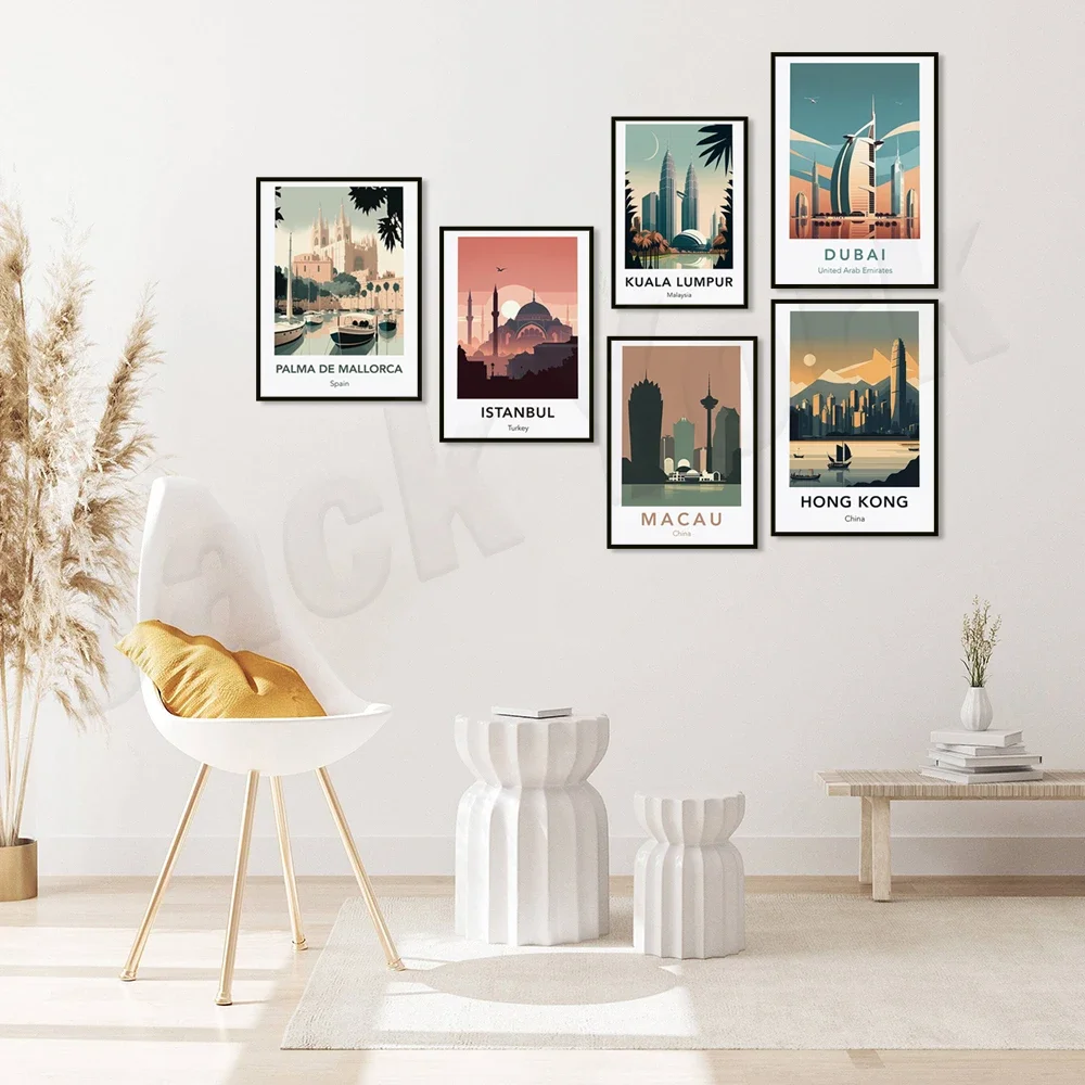 Dubai, Türkiye, Spanish restaurant in Palma de Mallorca, Singapore, Kuala Lumpur, Tuscany, Italy, ChinaHong Kongtravel posters