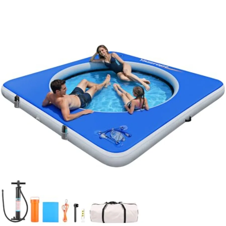 

Lake and river floating dock platform for adults PVC inflatable water hammock in blue 8 FT square design with reinforced ring r