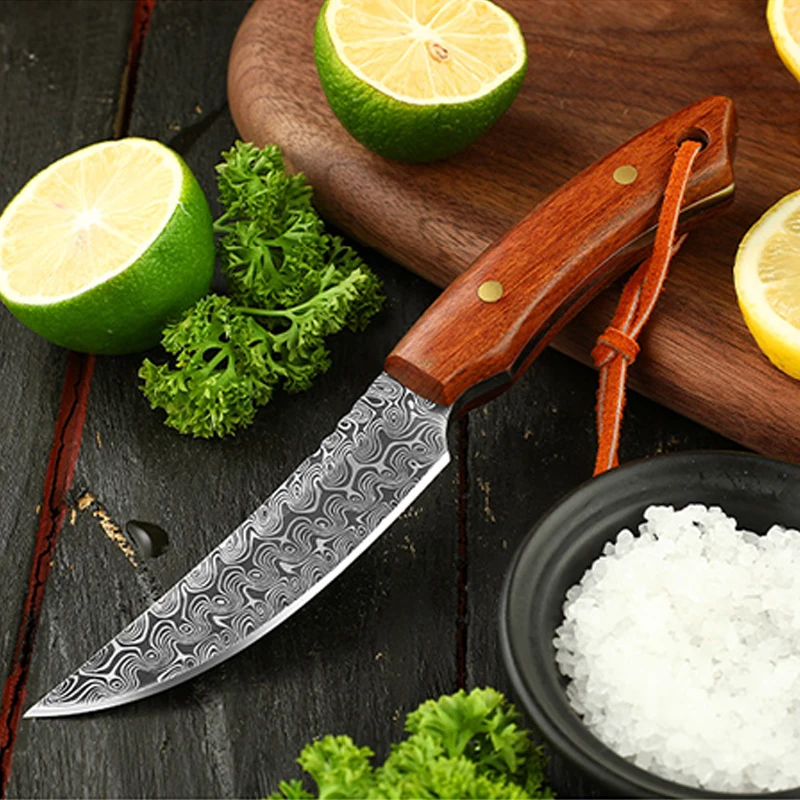 Damascus Pattern High Hardness Sharp Boning Knife BBQ Meat Cutting Knife Multi-purpose Knife Forged Butcher Knife with Sheath