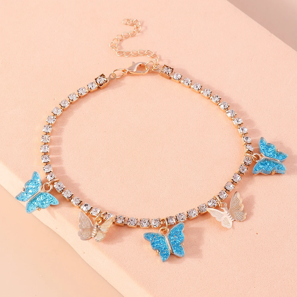 Aihua Modische Kristall-Tenniskette mit Schmetterling-Anhänger für Damen, Barfußkette für Fuß und Knöchel, Armband, Strand-Schmuck, Geschenke – Detail 10