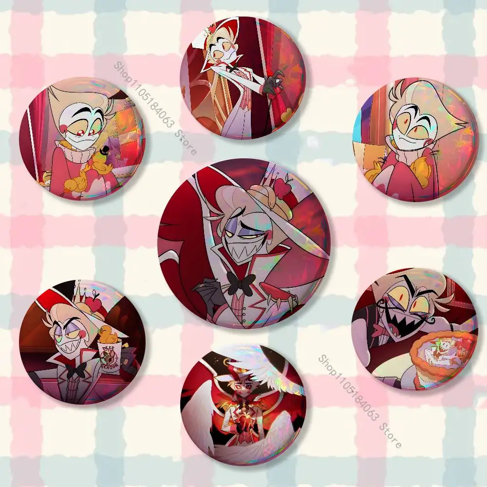 For L-Lucifer H-HazbinS Reflective Pin Tinplate Round Brooch Cartoon Cosplay Badges for Bag Hat Toys Gifts