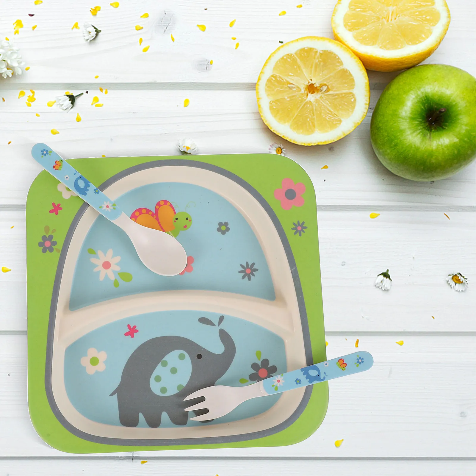 

5Pcs Children Bamboo Dining Set Eco-Friendly Toddler Tableware Kit Safe Non-Toxic Kids Mealtime Bowl Plate Cup Fork Spoon