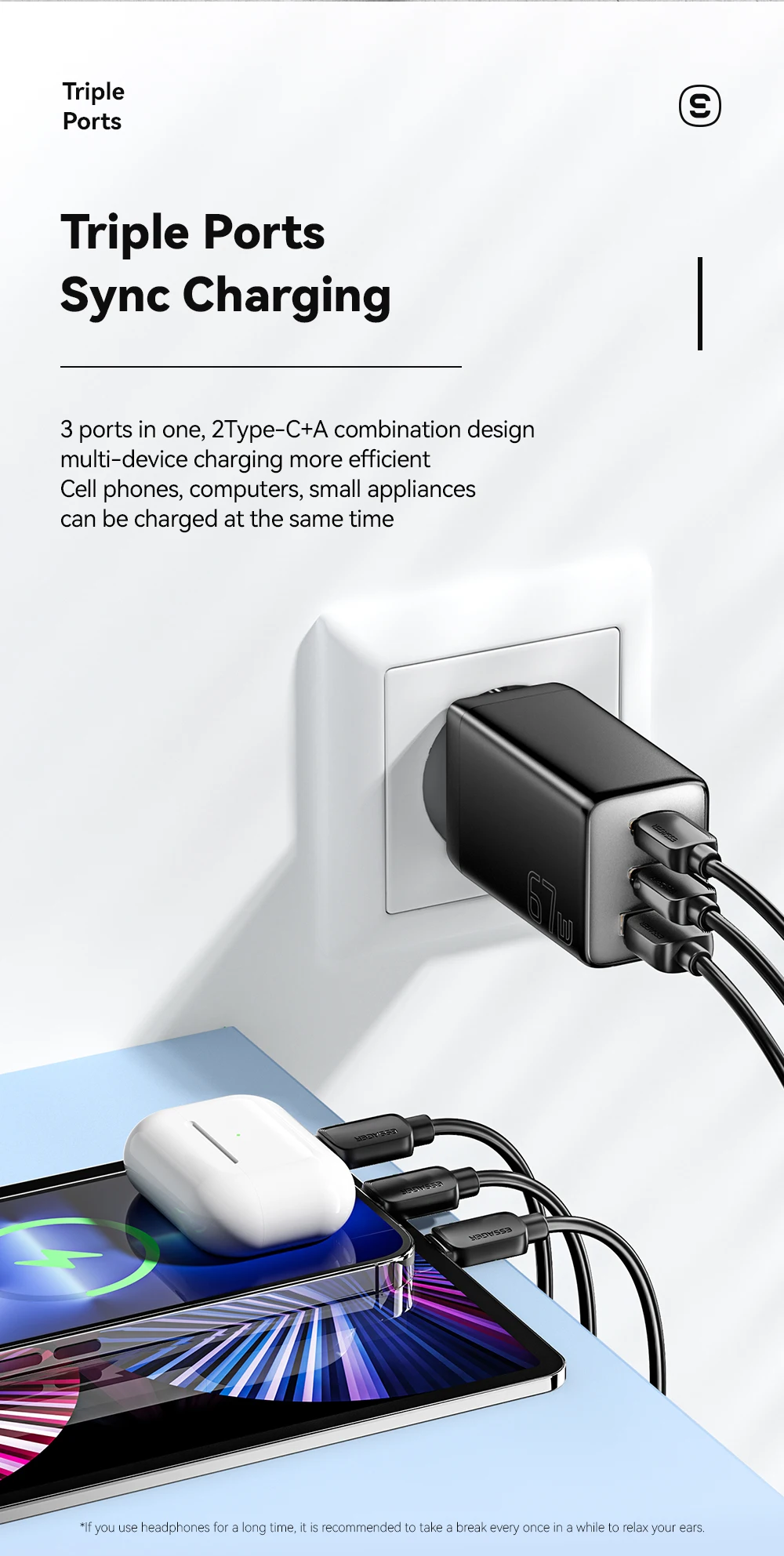 Essager 67 W GaN USB-C Ladegerät PD 3.0 QC 3.0 Schnellladung für iPhone 16 15 Pro Max Xiaomi Samsung Huawei Mate 70 Laptops Ladegeräte – Detail 12