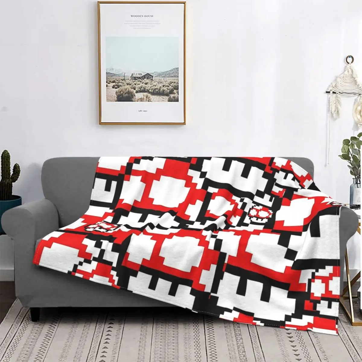 Vintage Game Character Cartoon Blanket Plush Summer 8-Bit Power Big Mushroom Collage Cute Plaid Throw Blankets For Sofa Couch