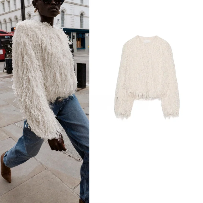 

Fall New Women's Design round Ne Button down Feather Trim Metal Tead Long Sve Jaet ort Casual Sle Polyester Fiber