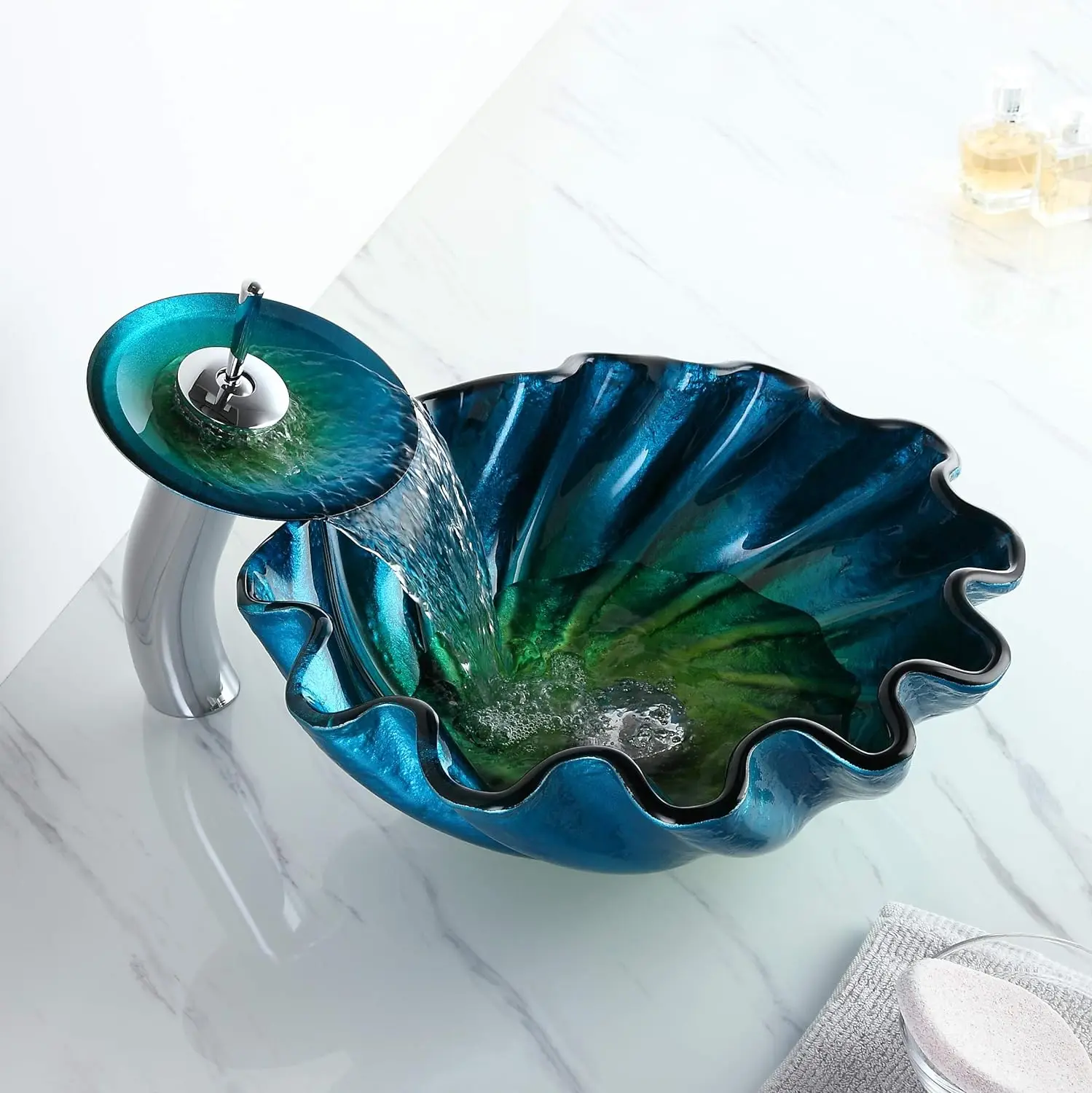 Top Quality Bathroom wash basin and Tap set Blue&Green Seashell Wave Tempered Glass Bathroom Vessel Sink & Waterfall Faucet Set