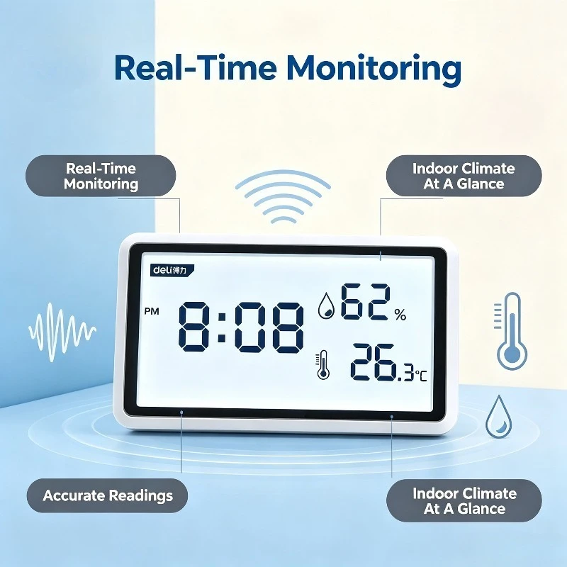 Deli Electronic Thermometer Hygrometer Weather Station High Precision with Table Clock Function Digital Thermometer Tool