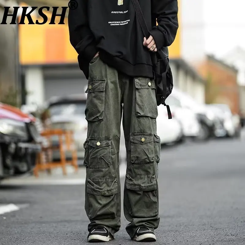 HKSH Spring Autumn New Men Pocket Cargo Pants Trend Loose Straight Casual Hip-hop Niche Design Safari Style Overalls Ins HK16886