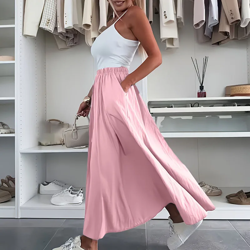 الصيف البوهيمي الشاطئ المرأة تنورة الشارع الشهير عادية بلون مكتب تنانير للسيدات 2025 الربيع عالية الخصر فضفاض ألف خط تنورة