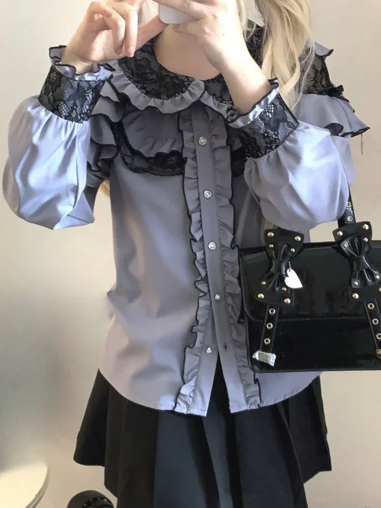 Patchwork Bow Shirt Women Kawaii JK Sweet Ruffled Tops Blusas Camisa Japanese Girl Lolita Long Sleeve Blouse Y2k Aesthetic Lace