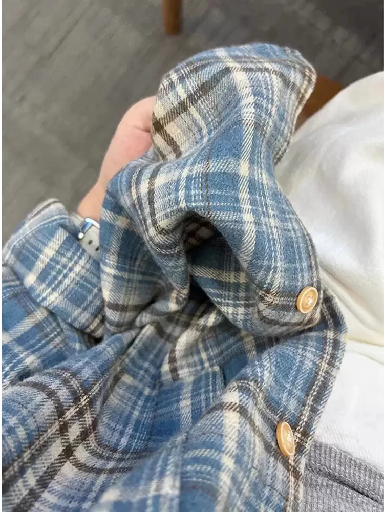 

Vintage Blue Plaid Fce Collar Men's irt Spring 2025 Casual Long Sve Loose Fit Youth Trend Button up Coat Jaet