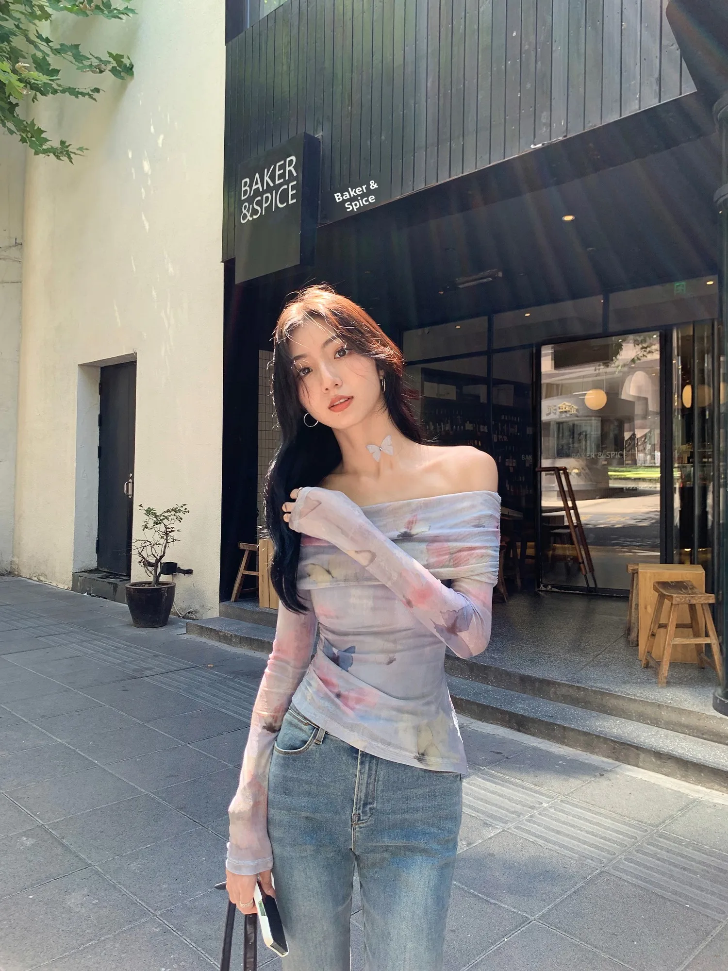 

Mulvan Print One oulder Long Sve Women's T-irt Slim Fit Ele Sle Pure Desire Autumn New Arrival