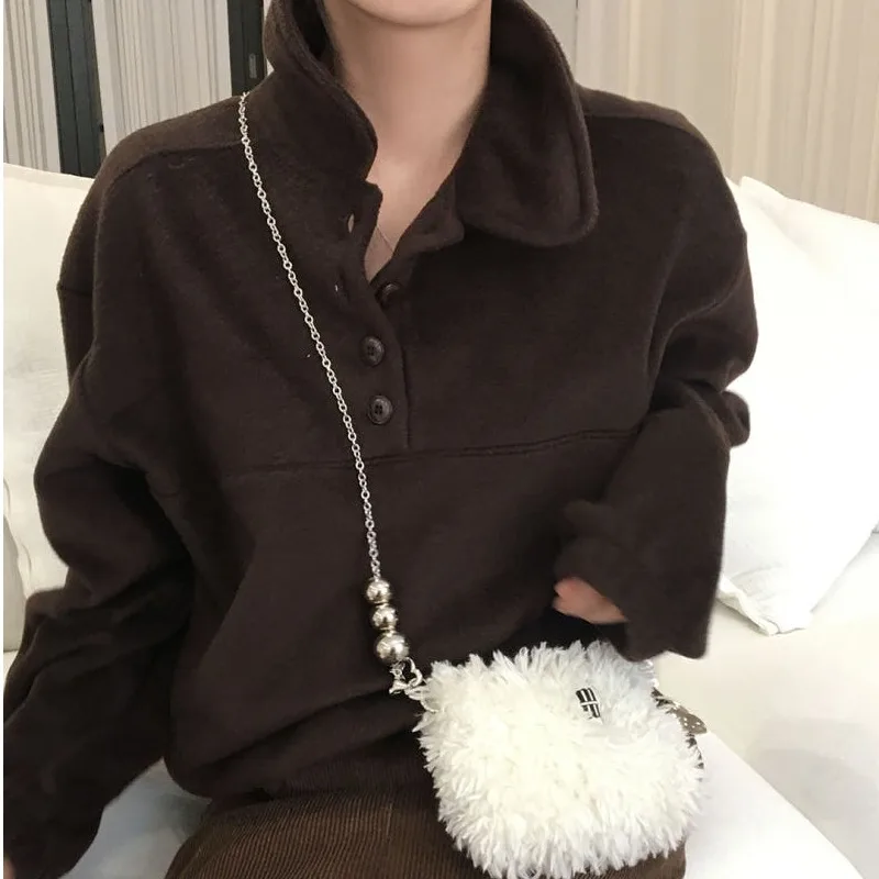 Autumn Winter Ins Half Button Neck Fleece Warmth Sweatshirt Women's Standard Fit No  Other Material Single Piece