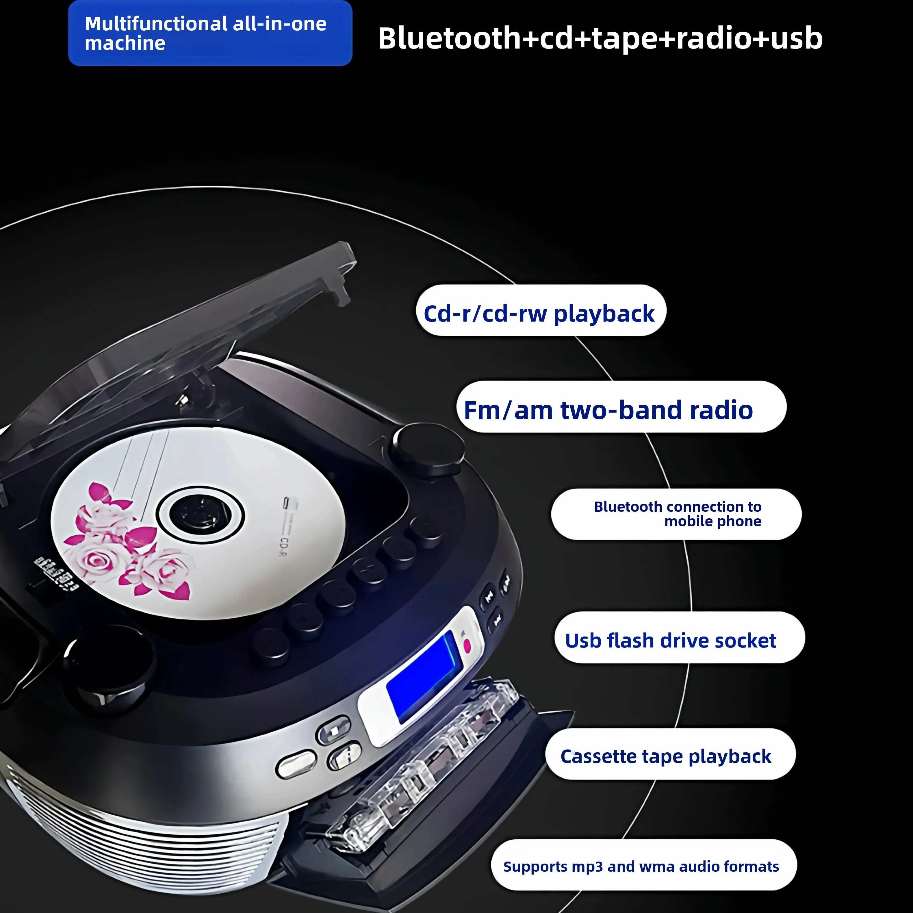 For Aihua CD-X3 Bluetooth Cassette Recorder Portable CD Player FM Radio Stereo Speaker Multifunctional Audio Player