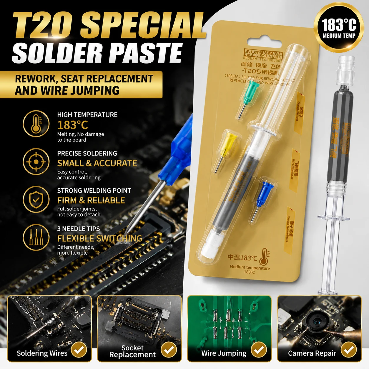 KEGUAN T20 183C Medium Solder Paste Syringe Kit Multi Needles Precise Point Tin For Phone PCB Rework Welding Repair Paste