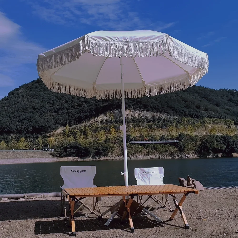 2 meters outdoor parasol can be turned to beach sun umbrella beige with fringed garden wild camping umbrella