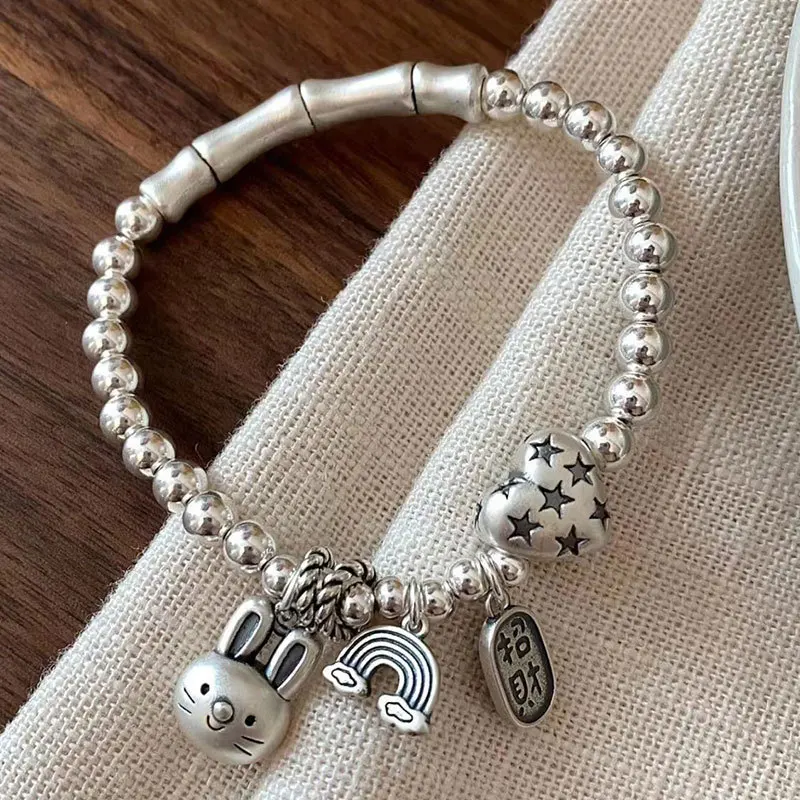 S999Pure Silver Full of Vitality Rabbit Rainbow Bracelet Female Retro Rabbit Year Birth Year Chinese Character Lucky Sliver Bead