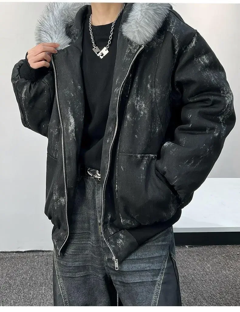 2025 new cotton jacket winter mountain carving thickened tie-dye fur collar set cotton jacket same style for men and women